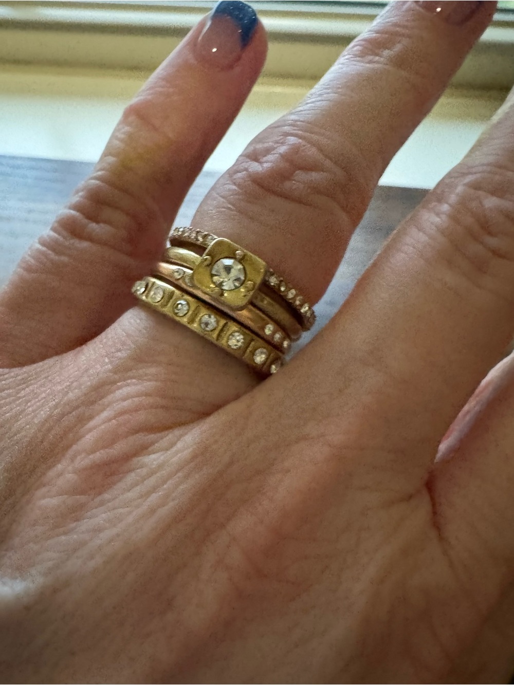 Vintage Gold & Rose Gold Rhinestone Stacking Rings Set - Size 7
